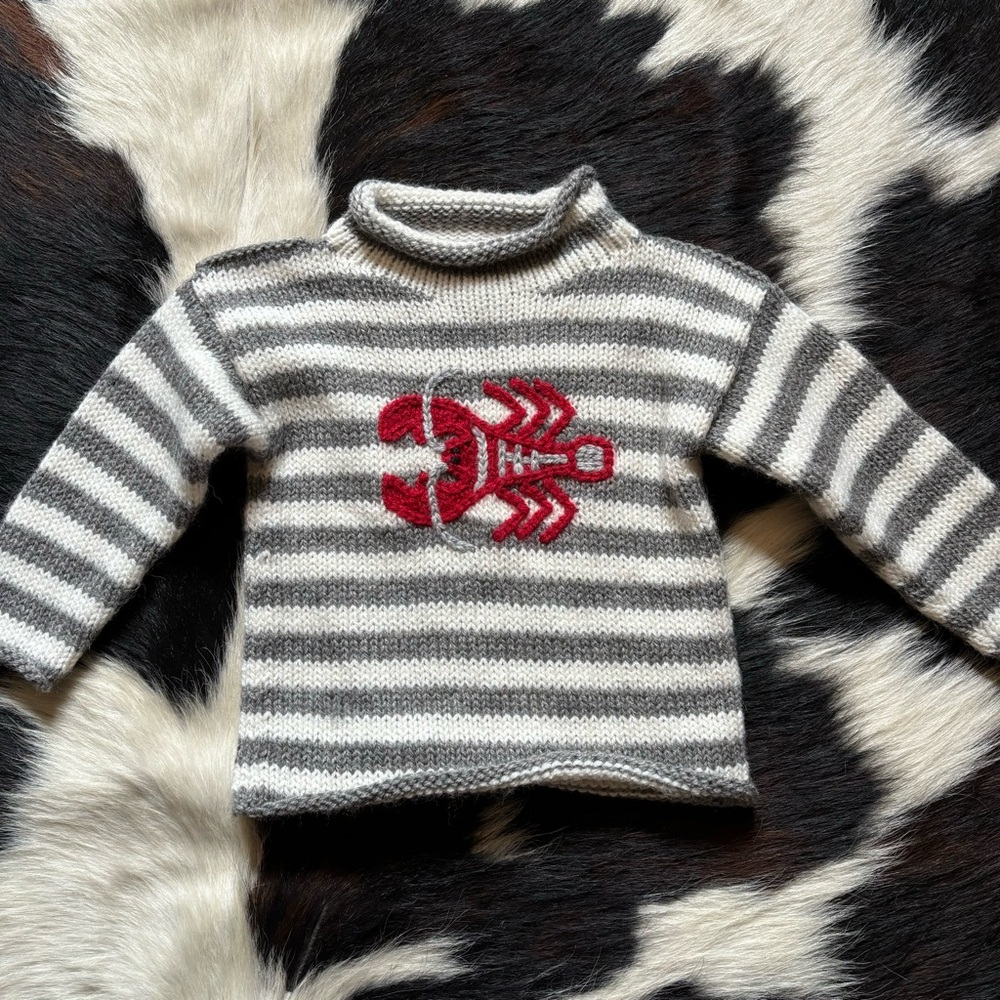 Hand knit lobster striped sweater alpaca wool sz 12-24 mos